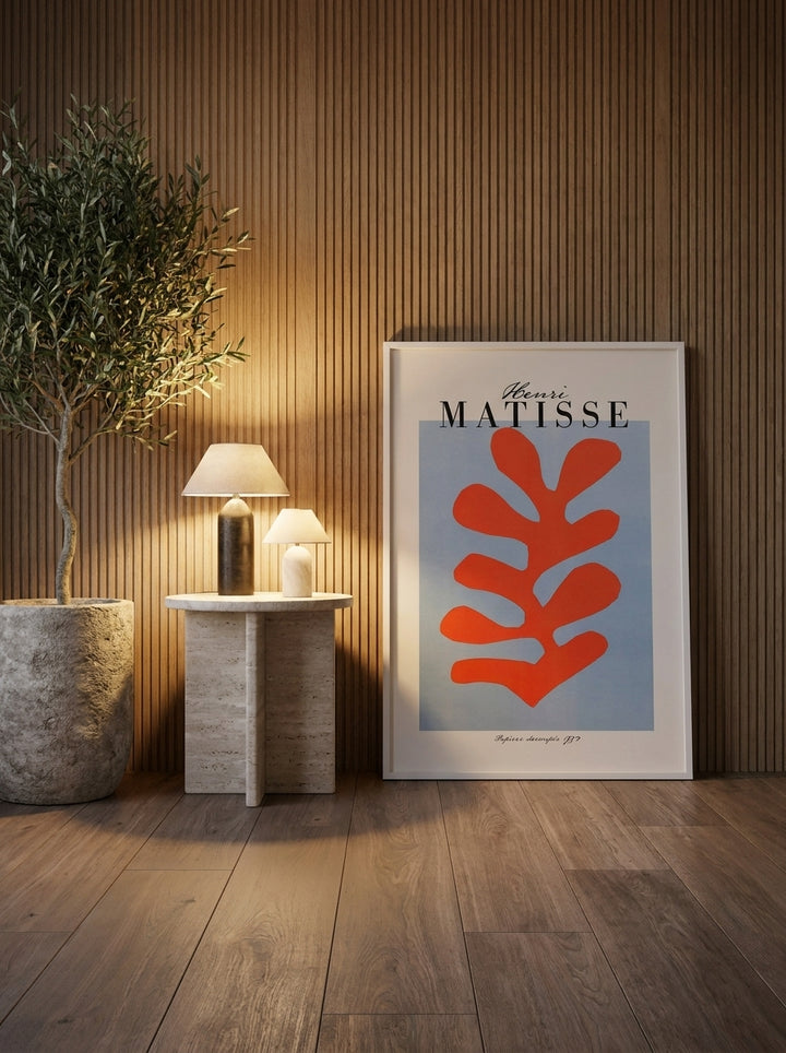 Modern wall art print leaning against the wall in a luxe bedroom
