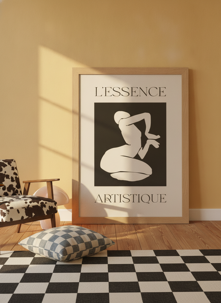 Oversized statement modern wall art print leaning against the wall in a colourful eclectic bedroom