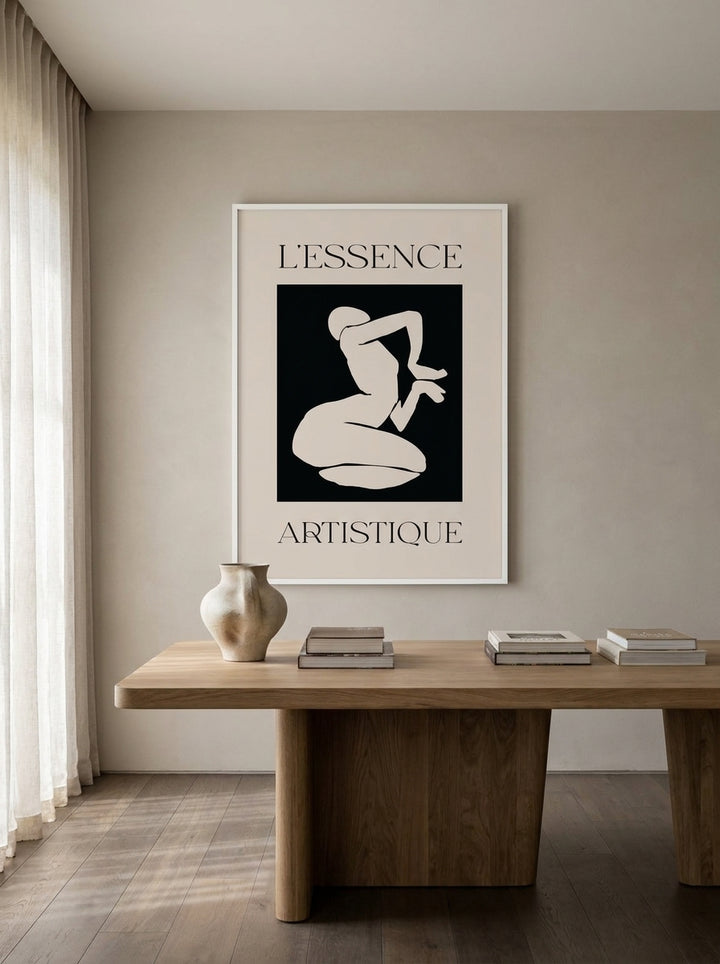 Modern wall art print styled on the wall in a luxe home office