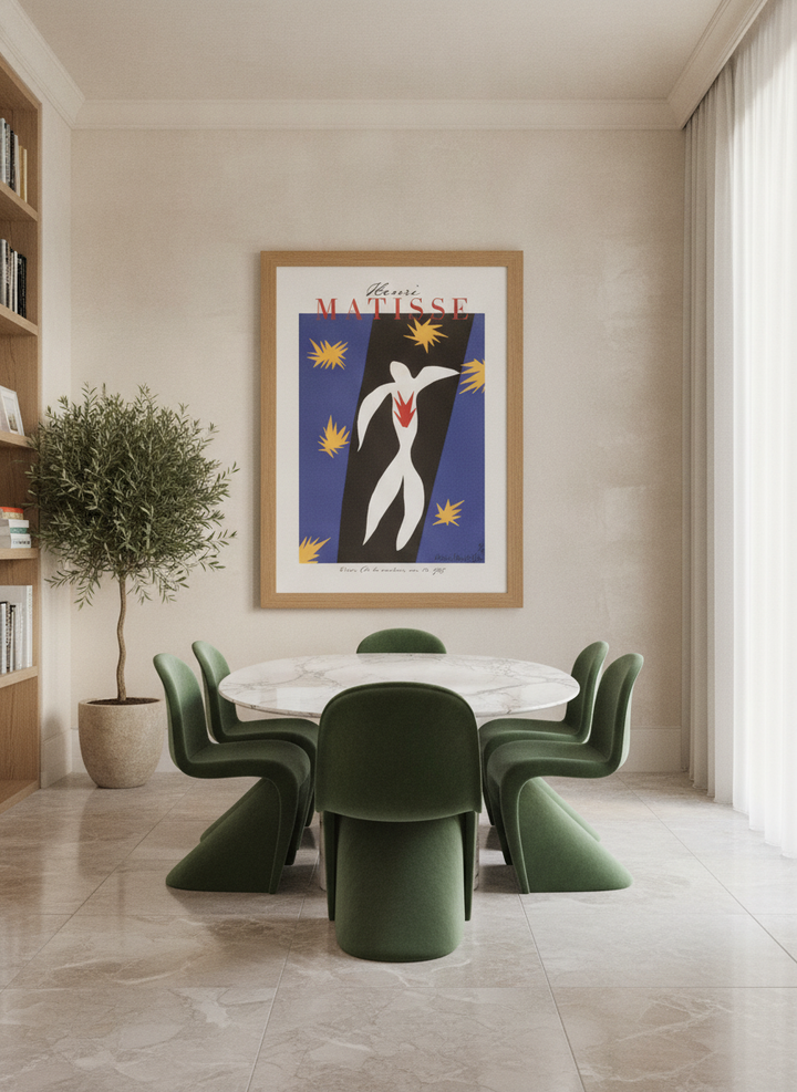 Oversized statement modern wall art print styled on the wall in a luxe dining room