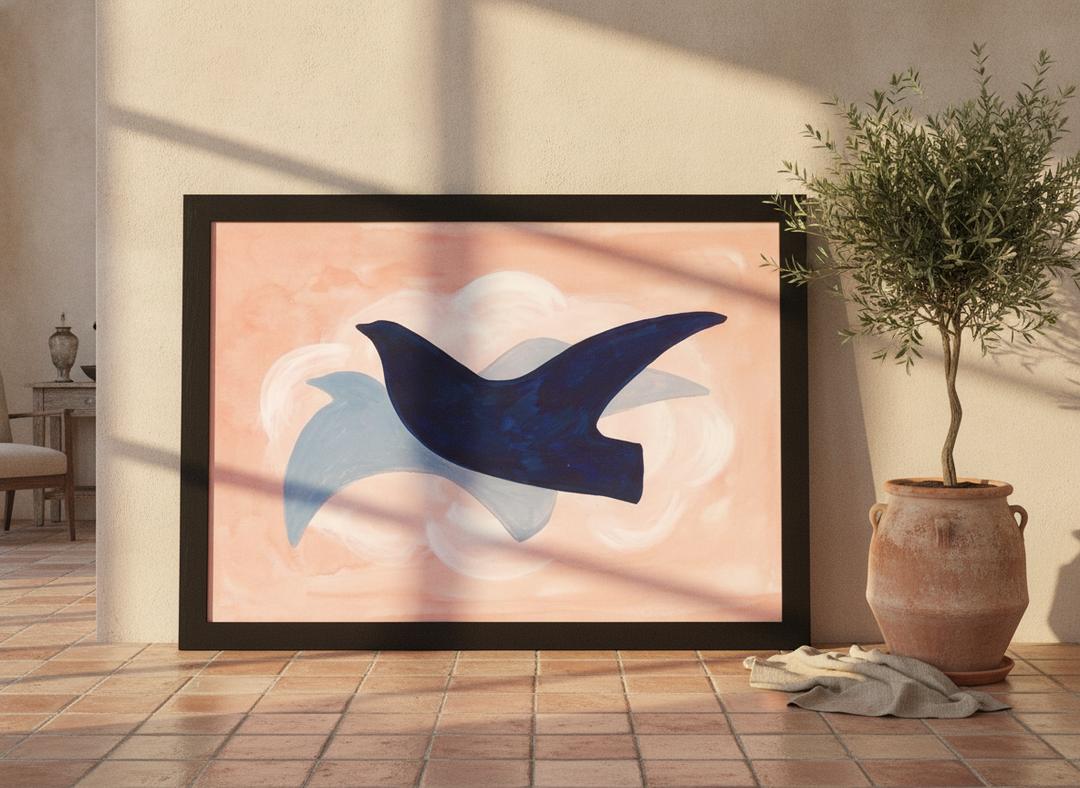 Oversized statement modern wall art print leaning against the wall in a Mediterranean dining room