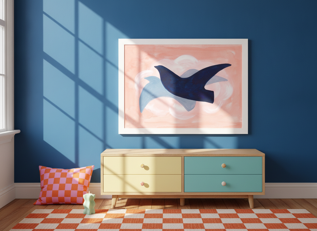 Modern wall art print styled on the wall in a colourful eclectic nursery