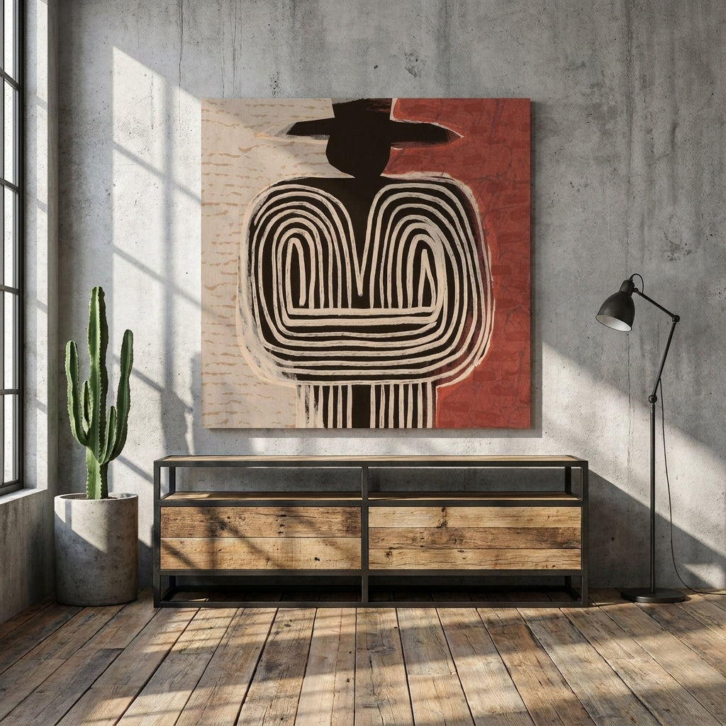 Stretched canvas wall art styled on the wall in an industrial loft living room