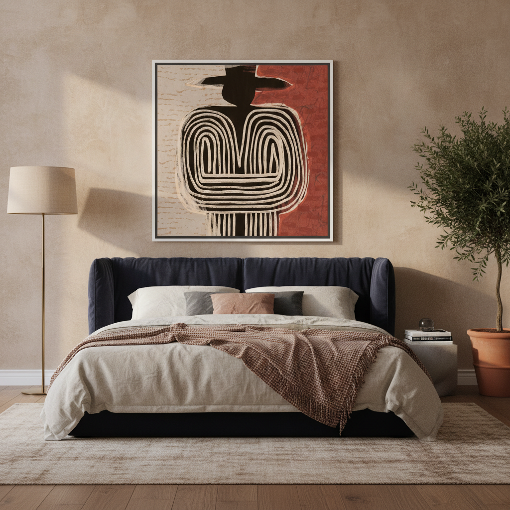 Oversized statement canvas wall art with a white surround styled on the wall in a luxe bedroom