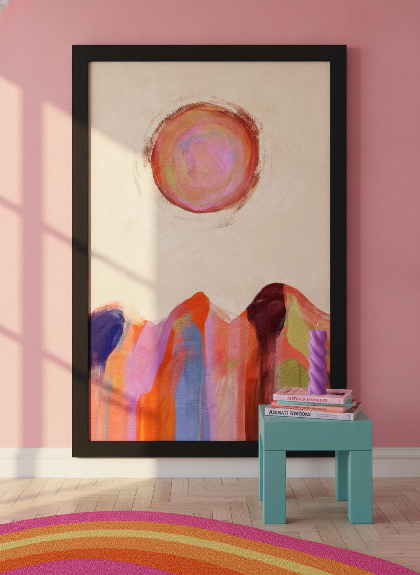 Modern wall art print standing on a side table in a colourful eclectic bedroom