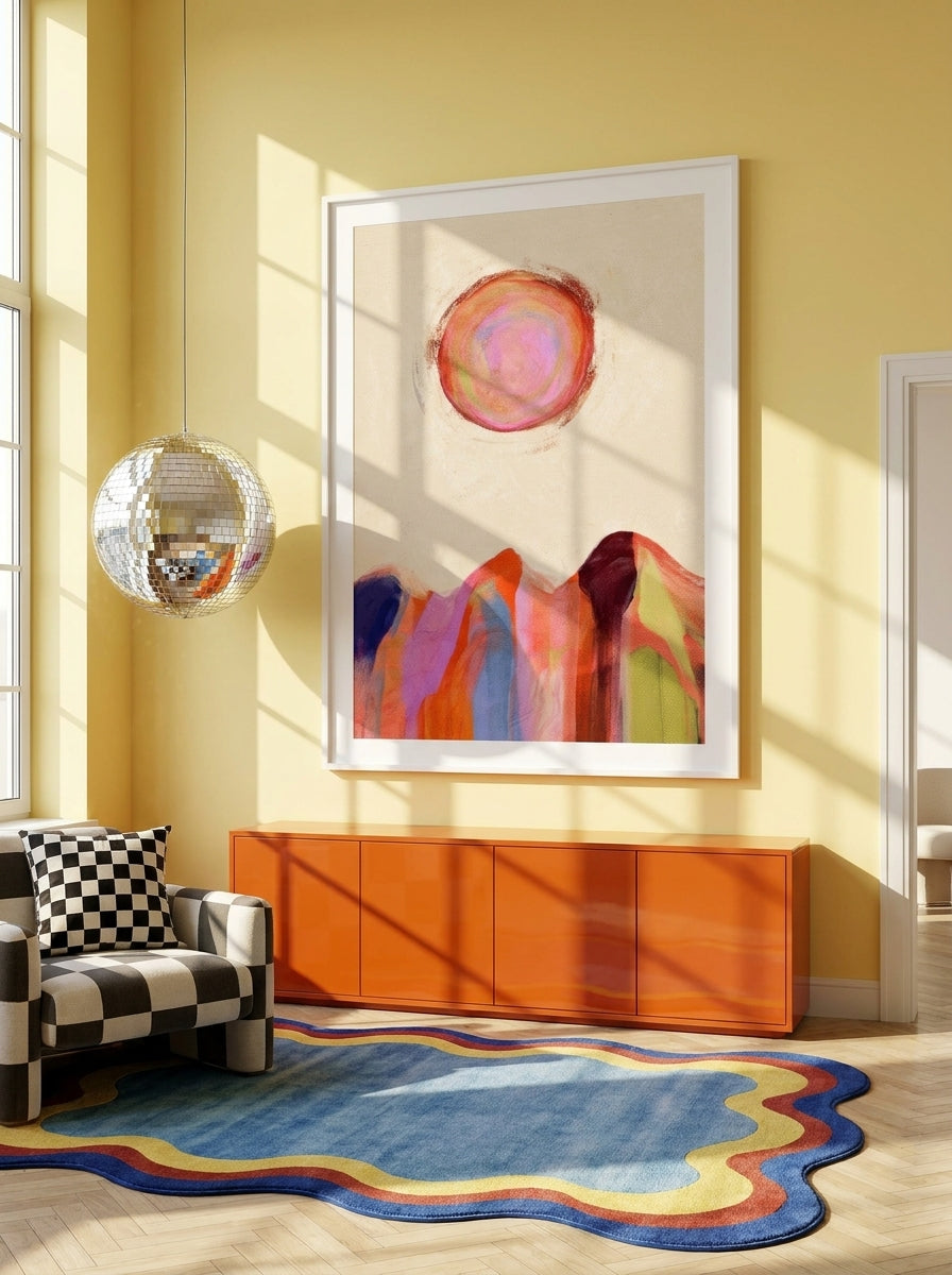 Oversized statement modern wall art print styled on the wall in a colourful eclectic living room