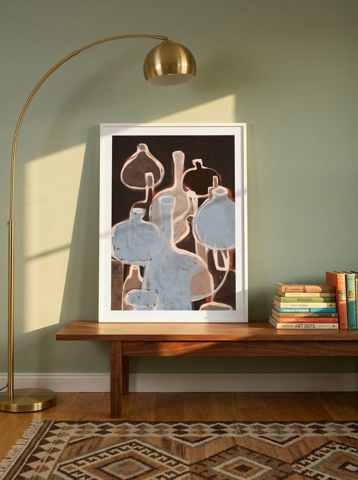 Modern wall art print standing on a kitchen bench in a mid-century kitchen