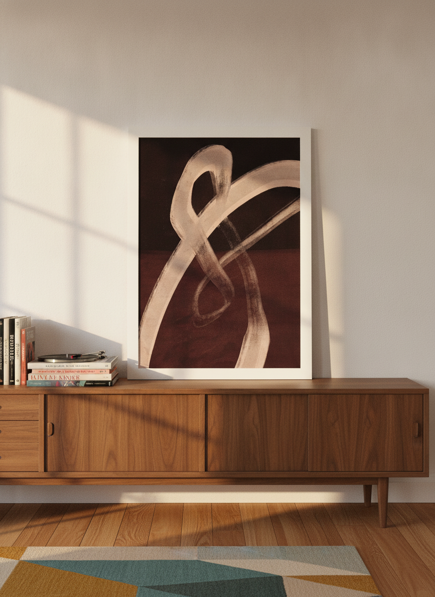 Modern wall art print standing on a sideboard in a mid-century bedroom