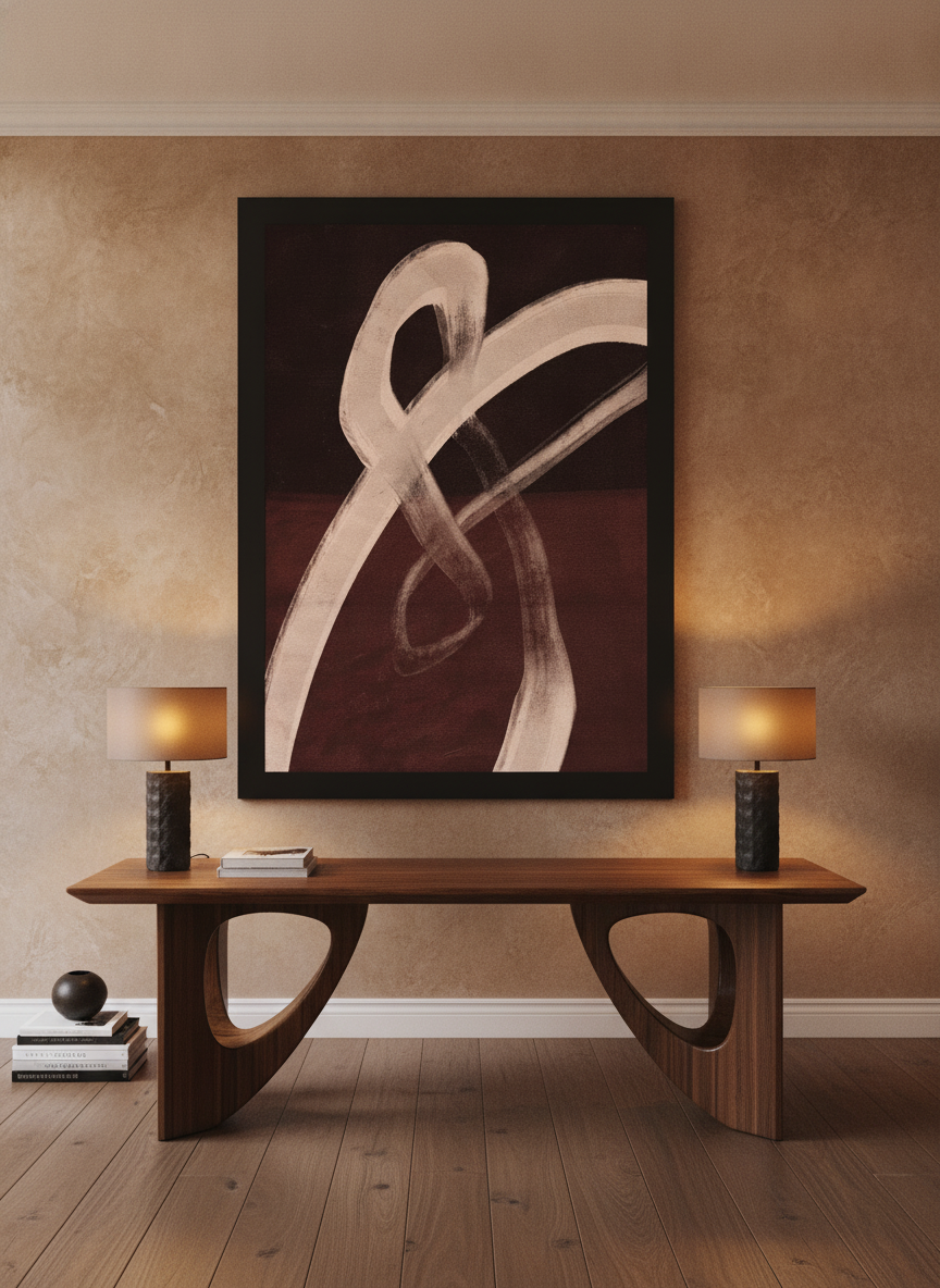 Oversized statement modern wall art print styled on the wall in a luxe home office
