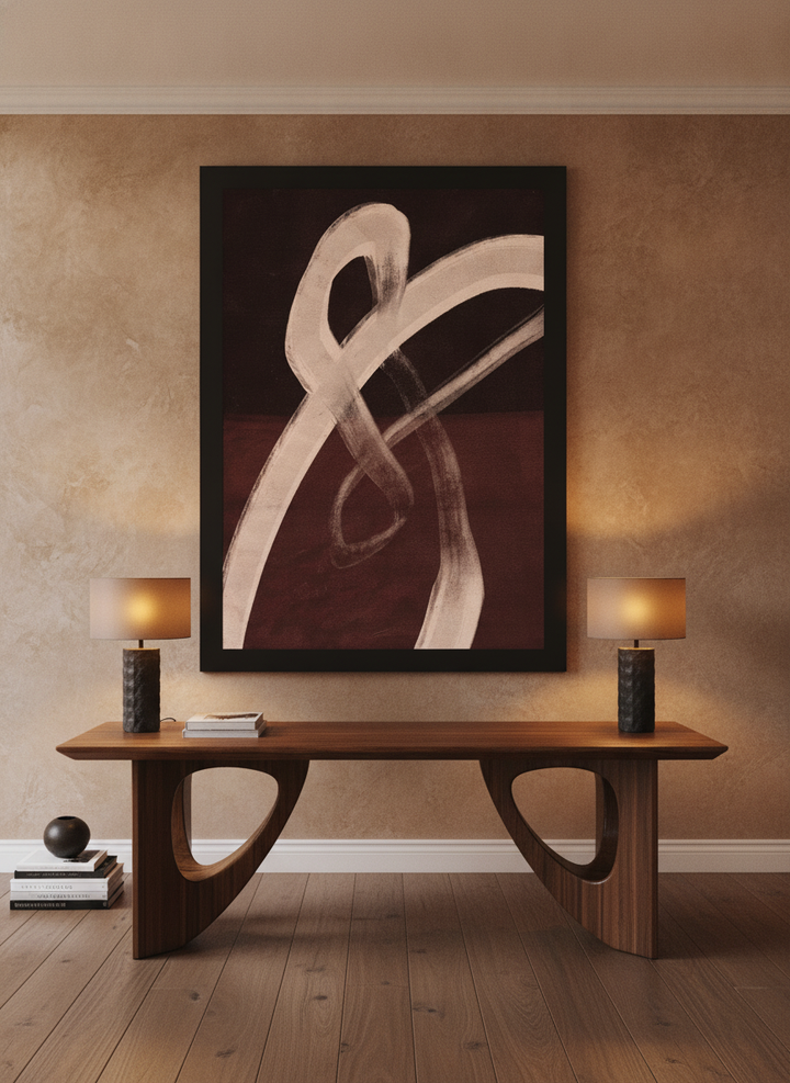 Oversized statement modern wall art print styled on the wall in a luxe home office
