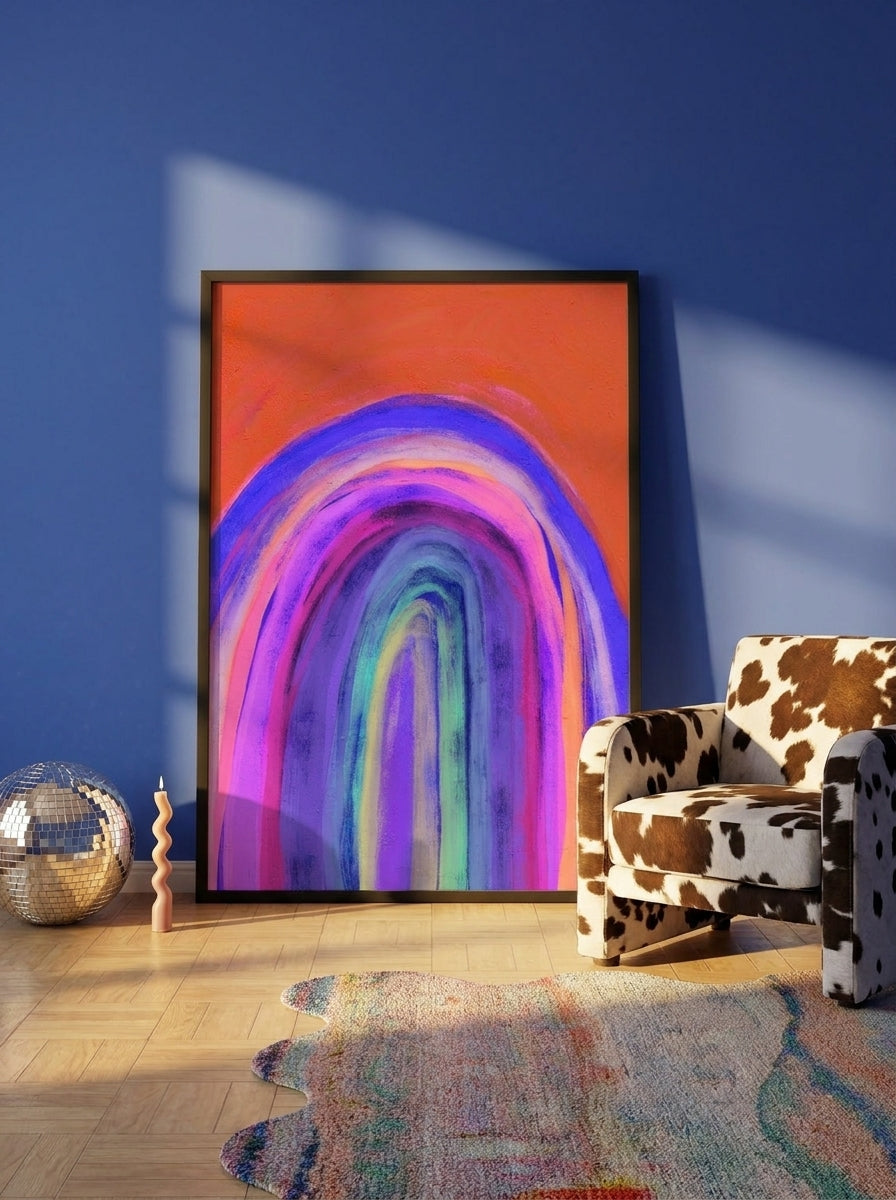 Oversized statement modern wall art print leaning against the wall in a colourful eclectic bedroom