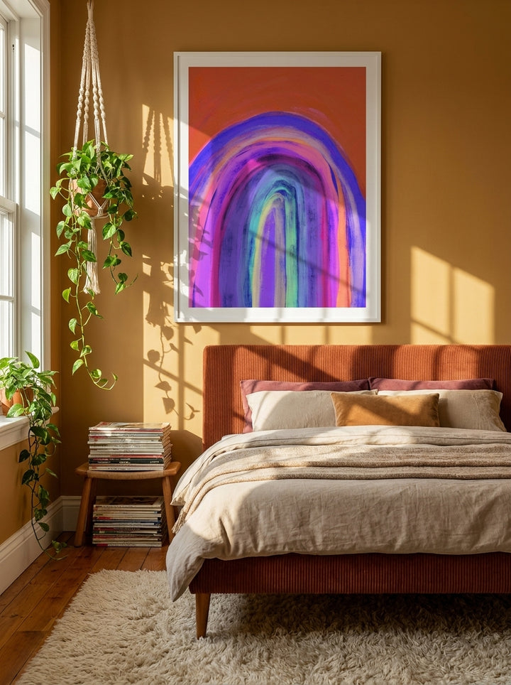 Modern wall art print styled on the wall in a retro 70s bedroom