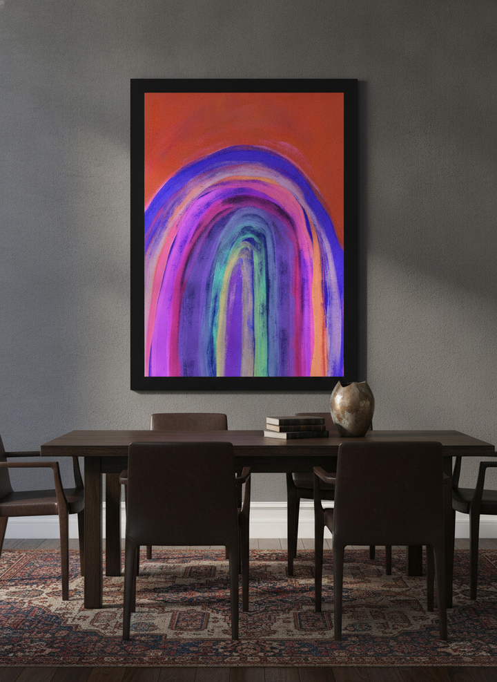 Oversized statement modern wall art print styled on the wall in a moody dining room