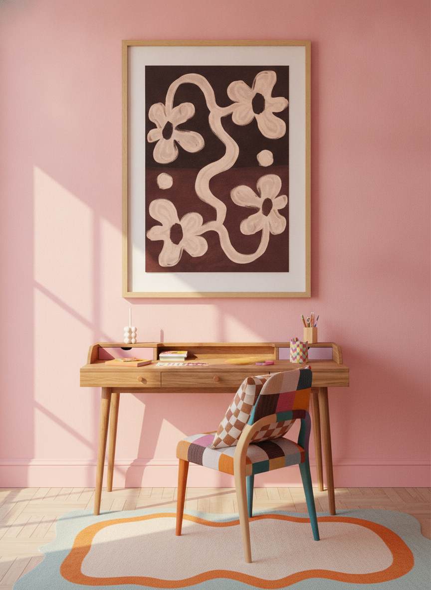 Modern wall art print styled on the wall in a colourful eclectic home office
