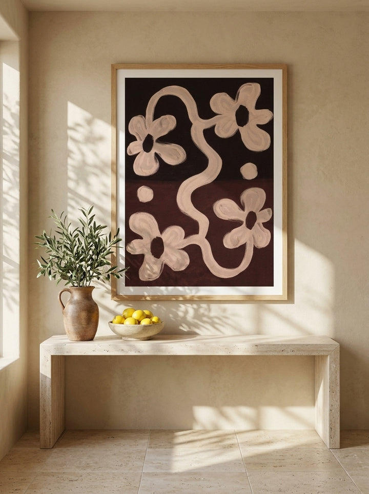 Modern wall art print styled on the wall in a Mediterranean living room