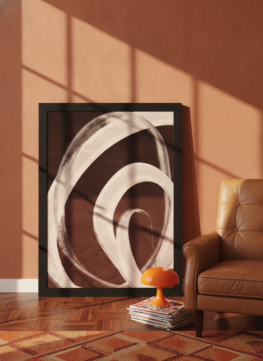 Modern wall art print leaning against the wall in a retro 70s living room