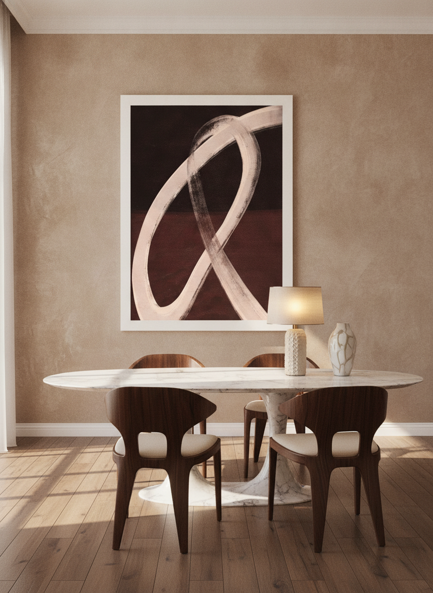 Oversized statement modern wall art print styled on the wall in a luxe dining room