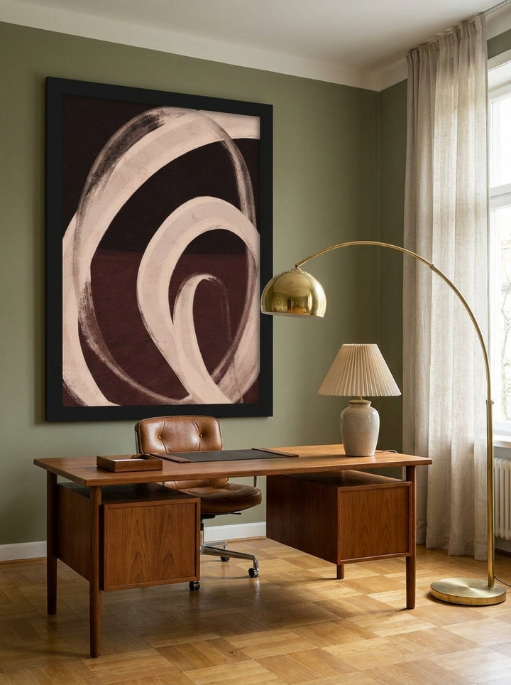 Oversized statement modern wall art print styled on the wall in a mid-century home office