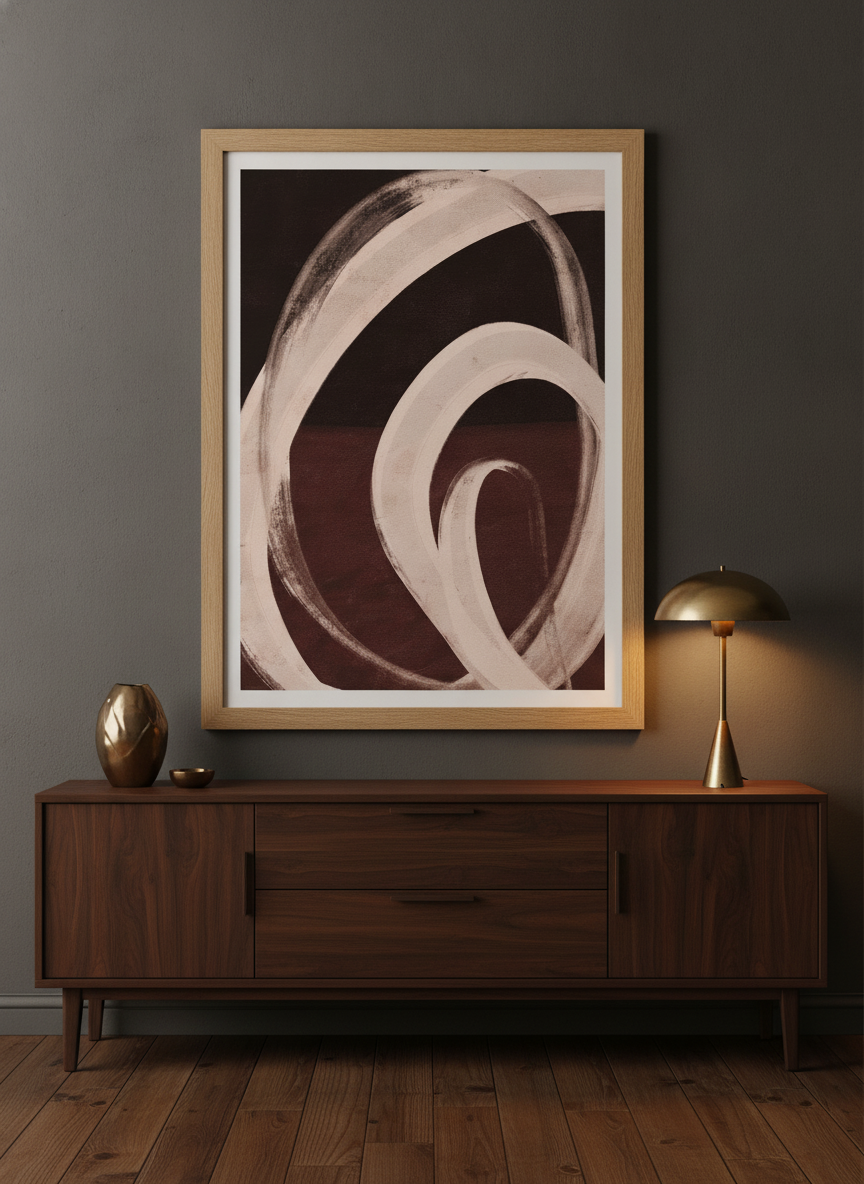 Modern wall art print styled on the wall in a moody living room