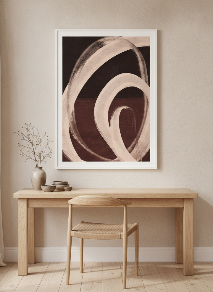 Modern wall art print styled on the wall in a warm Japandi home office