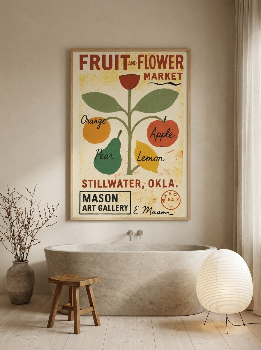 Modern wall art print styled on the wall in a warm Japandi bathroom