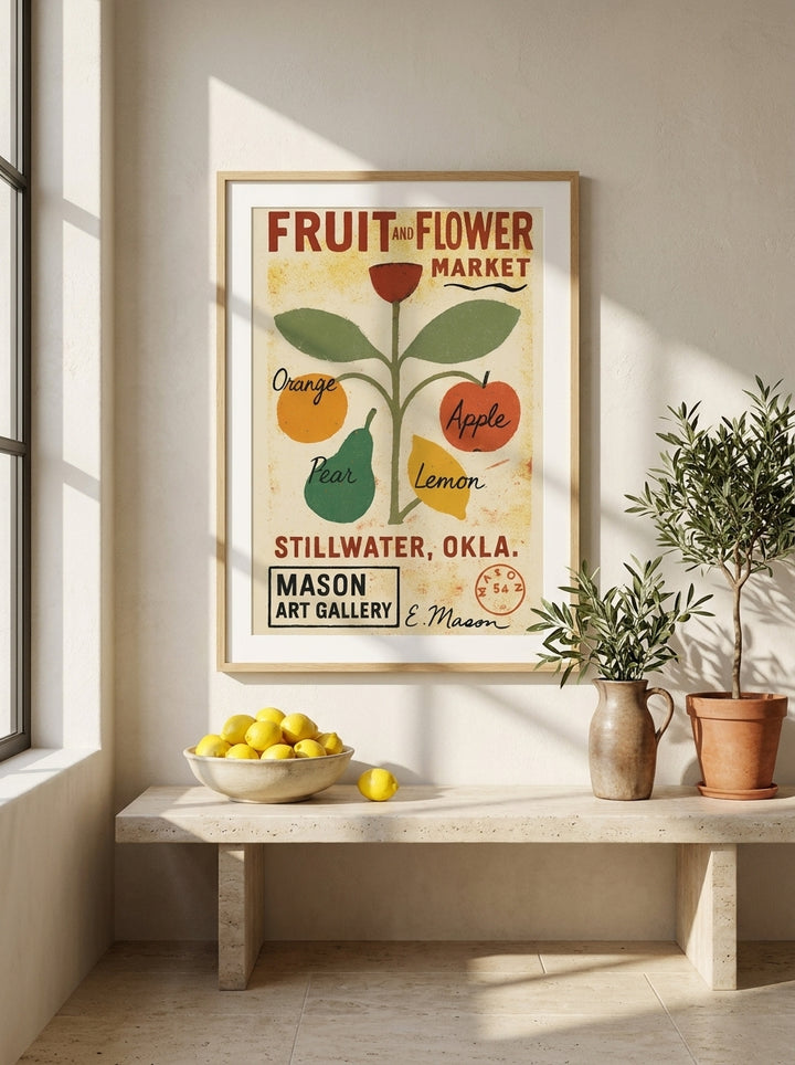 Modern wall art print styled on the wall in a Mediterranean kitchen