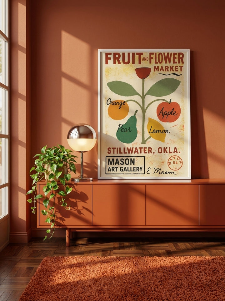 Modern wall art print standing on a sideboard in a retro 70s living room