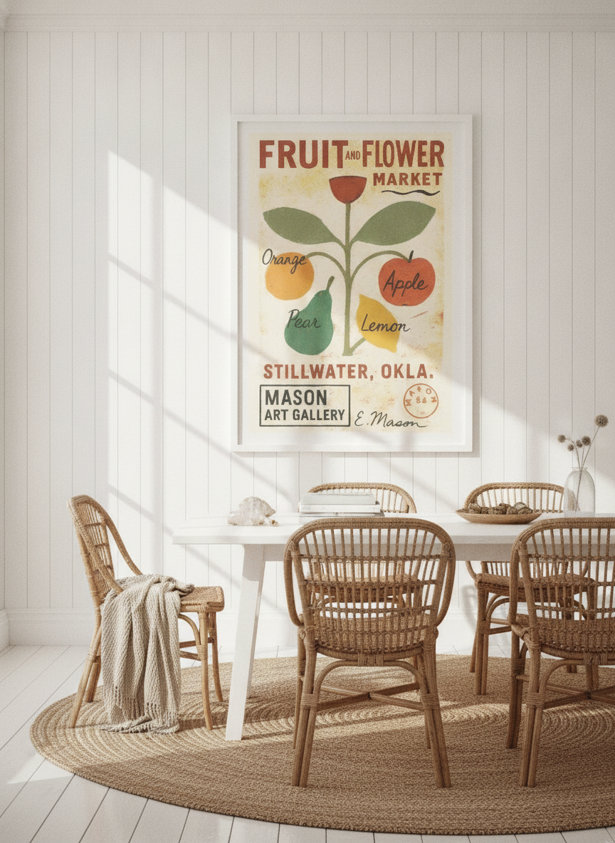 Oversized statement modern wall art print styled on the wall in a coastal dining room