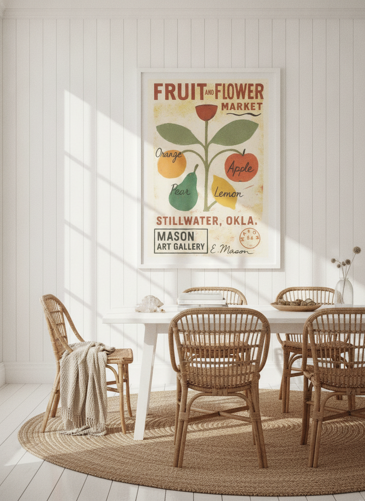 Oversized statement modern wall art print styled on the wall in a coastal dining room