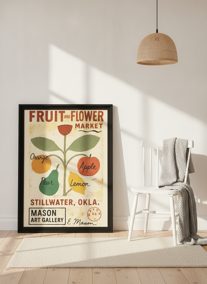 Modern wall art print leaning against the wall in a bright Scandinavian kitchen