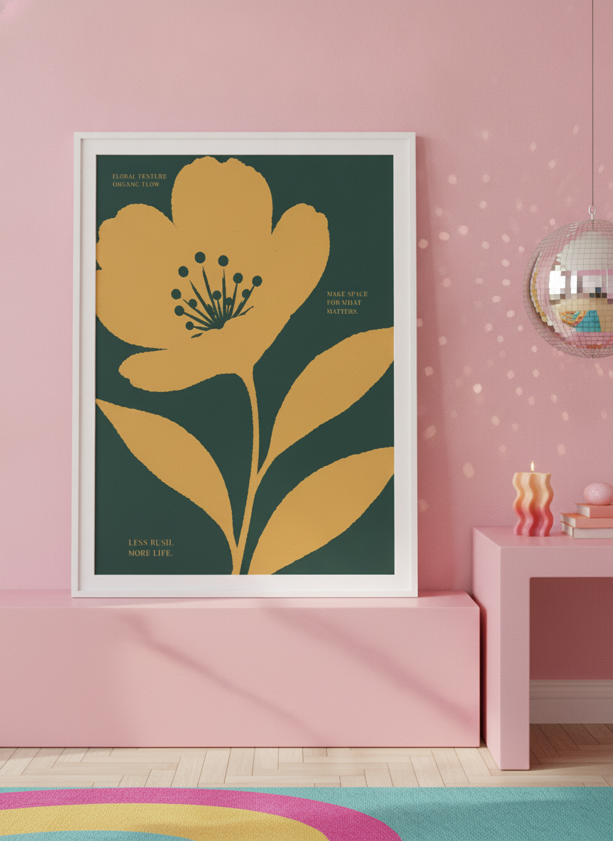 Modern wall art print standing on a side table in a colourful eclectic home office