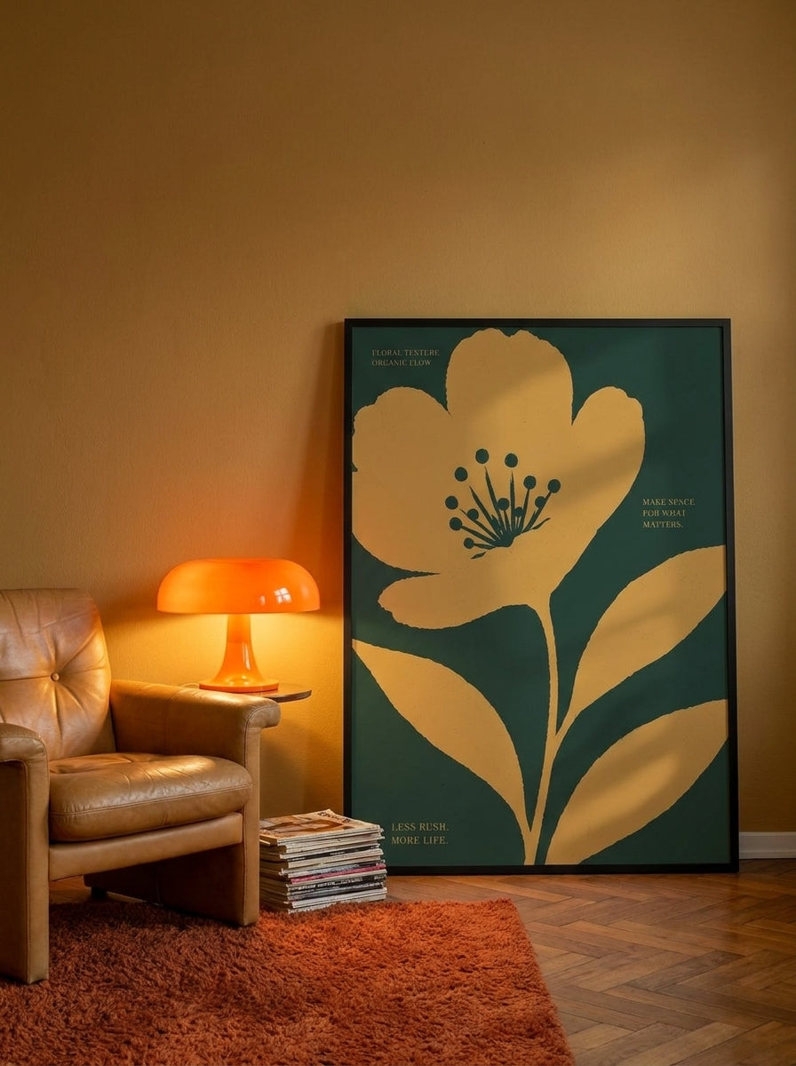 Modern wall art print leaning against the wall in a retro 70s living room