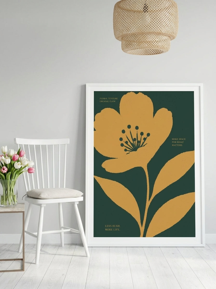 Modern wall art print leaning against the wall in a bright Scandinavian bedroom