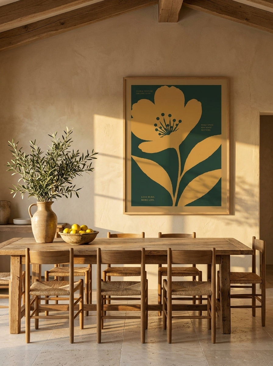 Oversized statement modern wall art print styled on the wall in a Mediterranean dining room