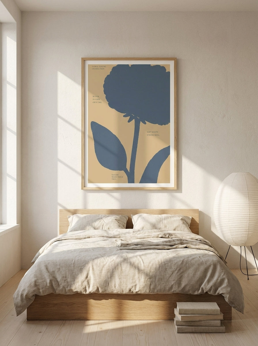 Modern wall art print styled on the wall in a warm Japandi bedroom