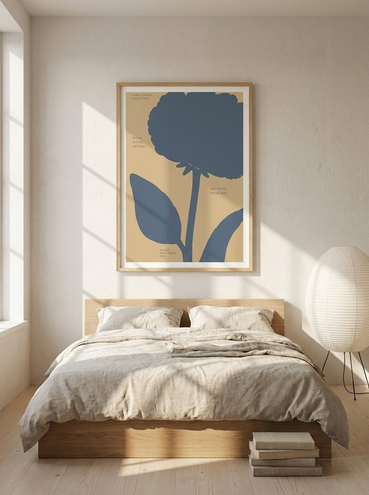Modern wall art print styled on the wall in a warm Japandi bedroom