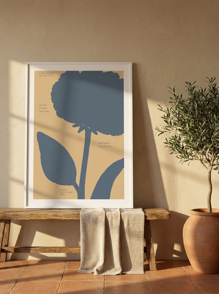 Modern wall art print standing on a bench in a Mediterranean home office