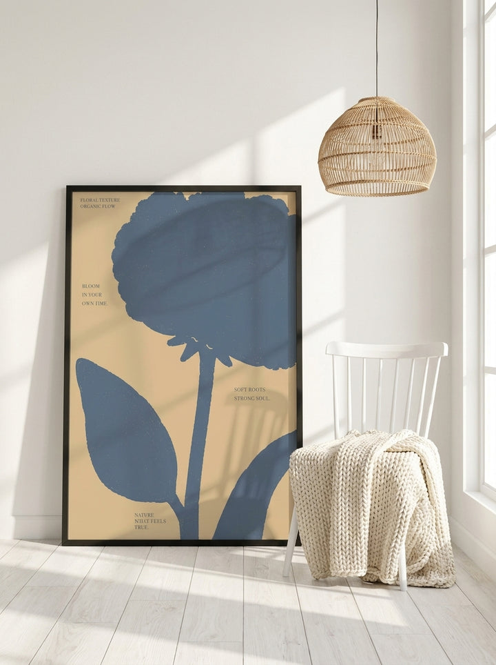 Oversized statement modern wall art print leaning against the wall in a bright Scandinavian living room