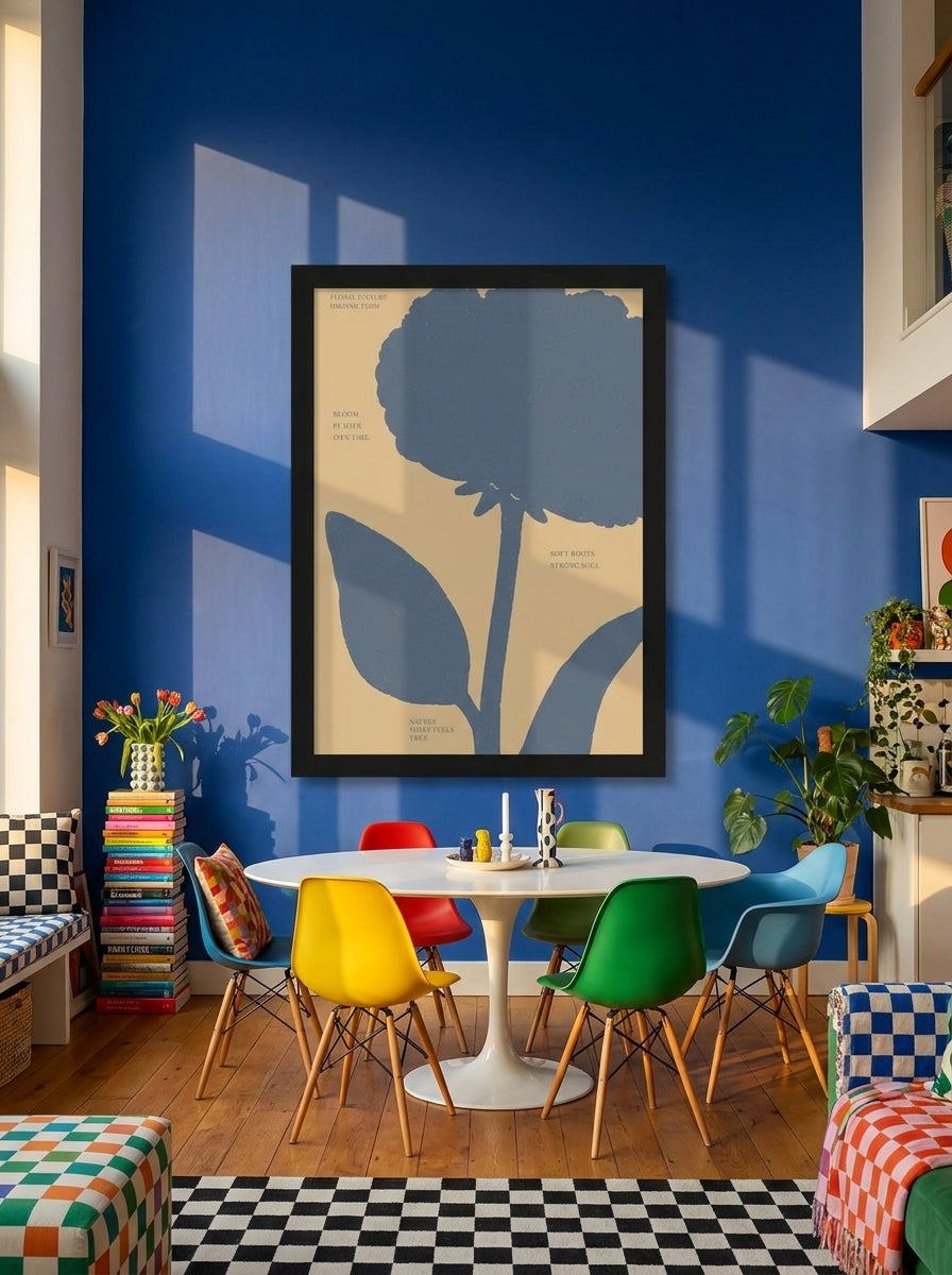 Oversized statement modern wall art print styled on the wall in a colourful eclectic dining room