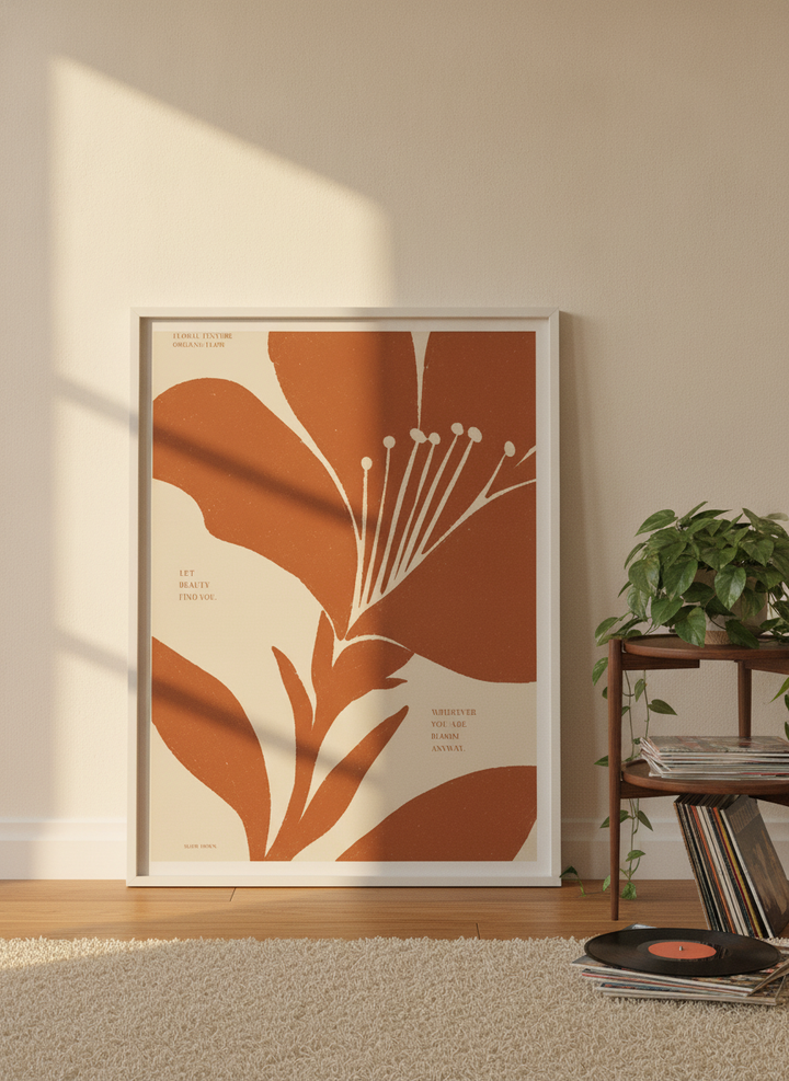 Modern wall art print leaning against the wall in a retro 70s home office