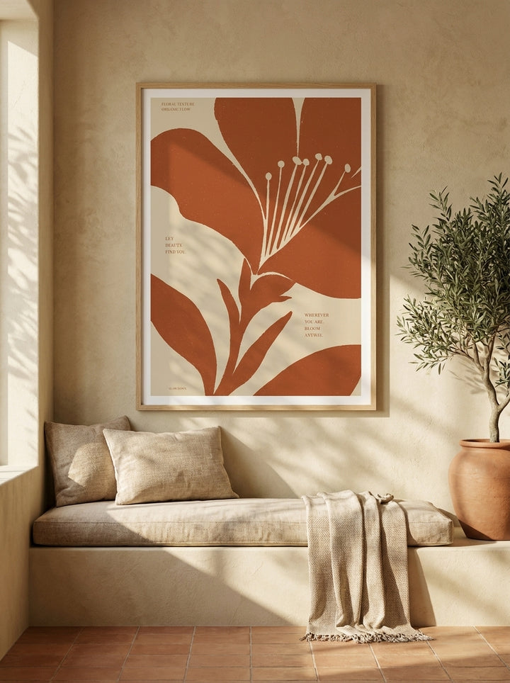 Modern wall art print styled on the wall in a Mediterranean living room