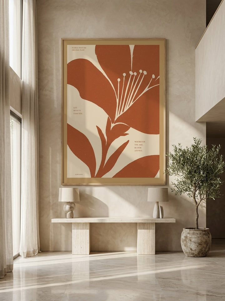 Oversized statement modern wall art print styled on the wall in a luxe living room