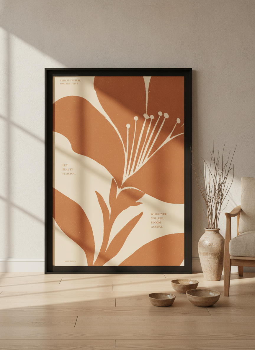 Oversized statement modern wall art print leaning against the wall in a warm Japandi bedroom