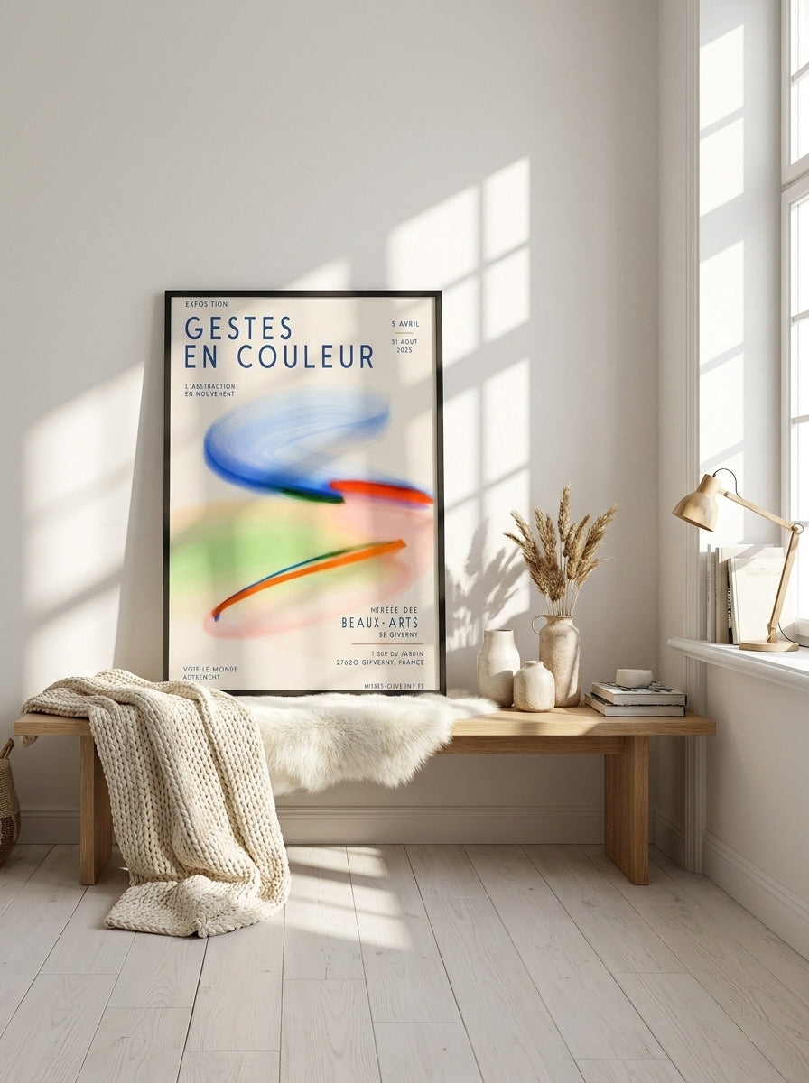 Modern wall art print standing on a bench in a bright Scandinavian home office