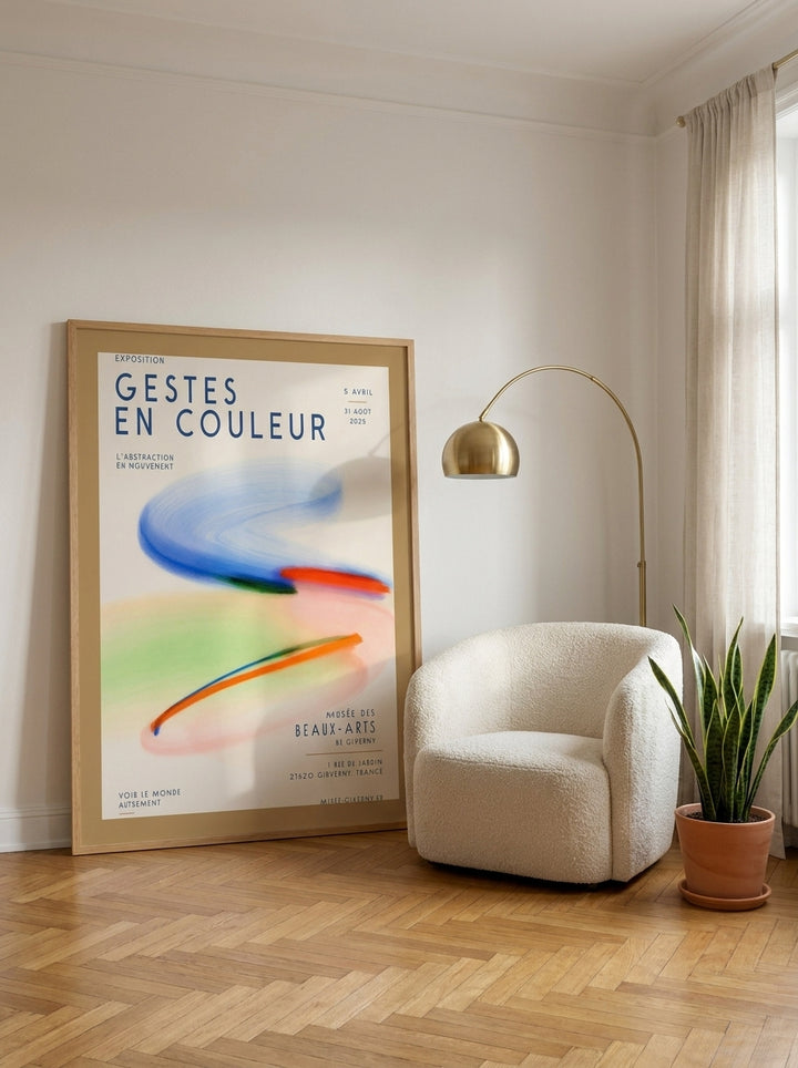 Oversized statement modern wall art print leaning against the wall in a mid-century living room