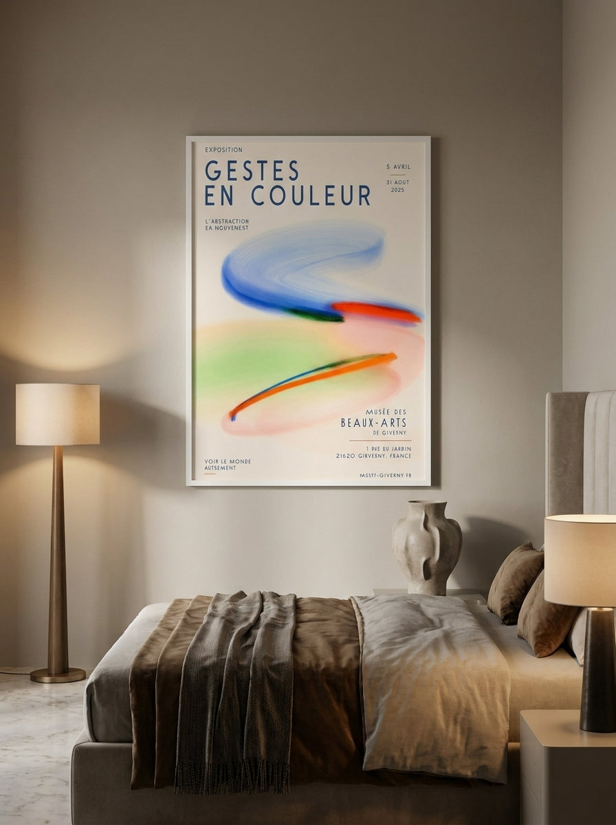 Modern wall art print styled on the wall in a luxe bedroom
