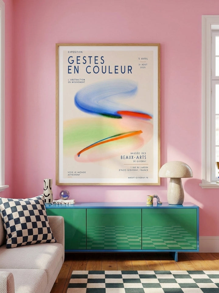 Modern wall art print styled on the wall in a colourful eclectic living room
