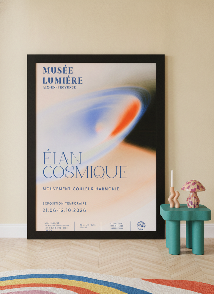 Oversized statement modern wall art print leaning against the wall in a colourful eclectic living room