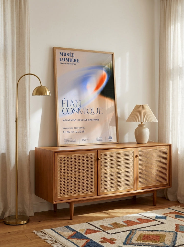 Modern wall art print standing on a sideboard in a mid-century bedroom