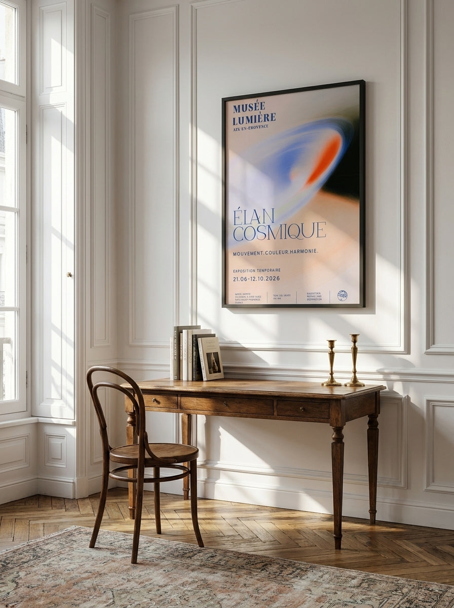 Modern wall art print styled on the wall in a Parisian home office